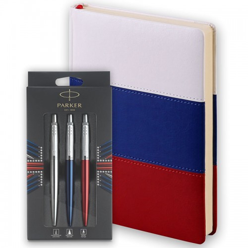 Набор Parker Jotter London Trio: гелевая ручка Red CT + шариковая ручка Blue CT + карандаш Stainless Steel CT и ежедневника триколор в Ростове-на-Дону